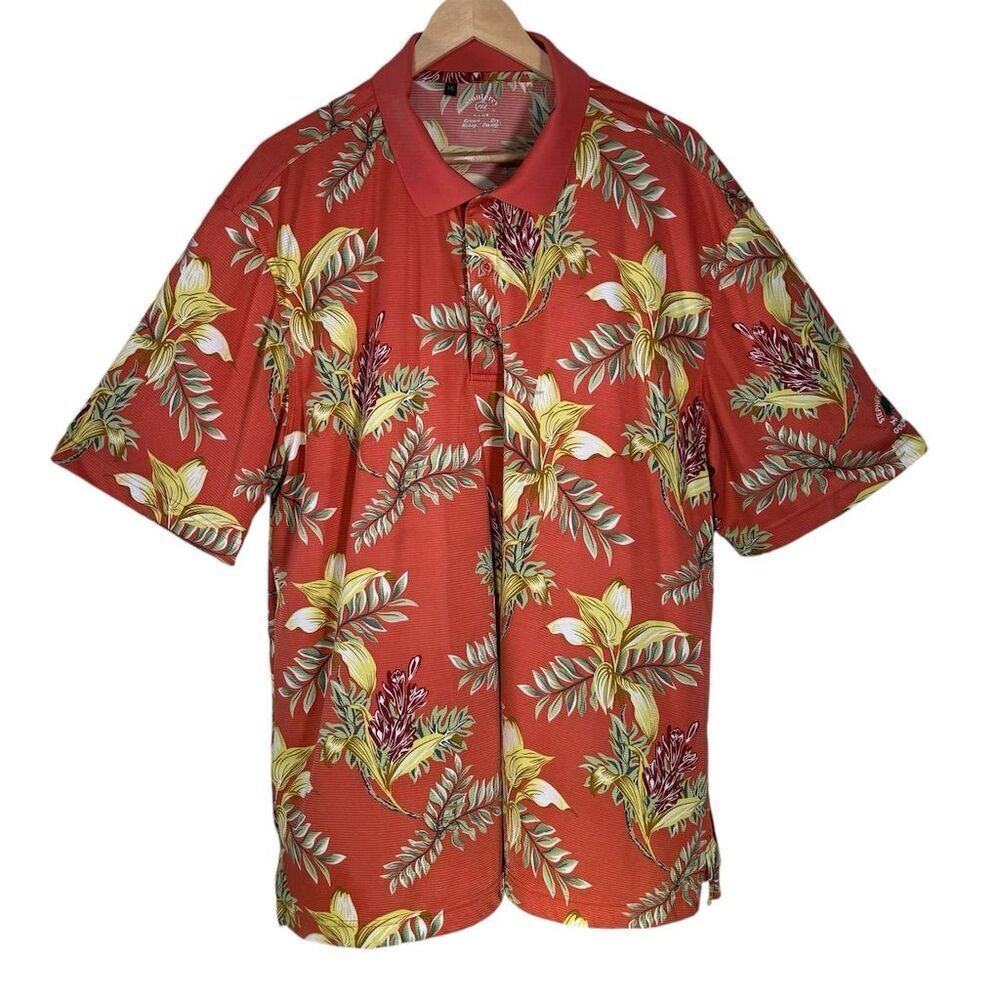 Monterey Club Men's 2XL Orange Floral Tropical Button-Up Golf Shirt Short Sleeve